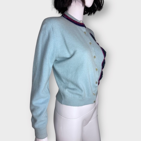 Vintage 1950s Light Blue Wool Cashmere, Floral, Beaded Cardigan Sweater - Picture 3 of 6